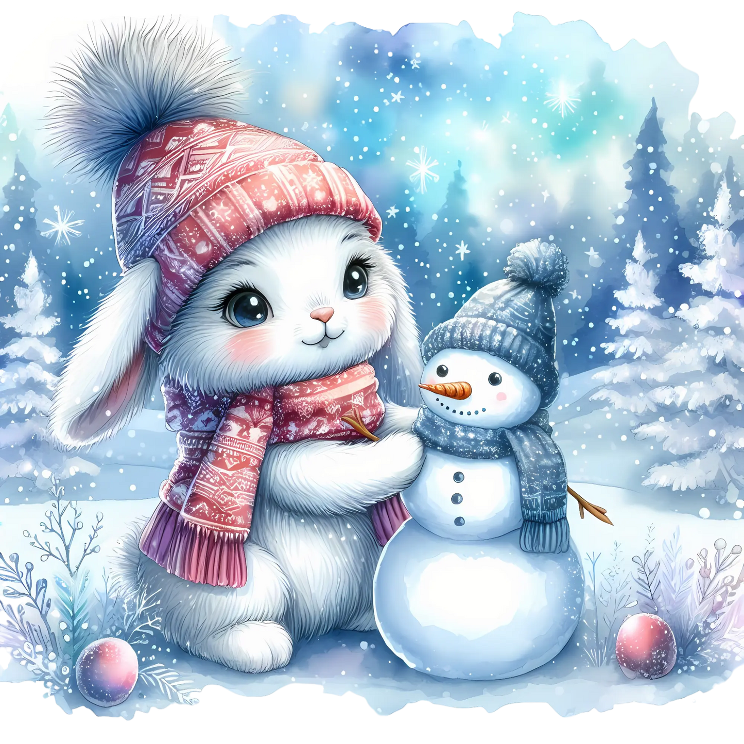 Bügelbild Schneehase baut schneemann - Fylou's Style