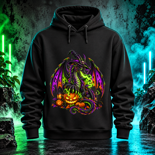 Bügelbild Neondrache mit Hexenhut und Kürbissen
