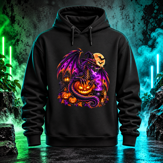 Bügelbild Neon-Halloween-Drache mit Kürbissen