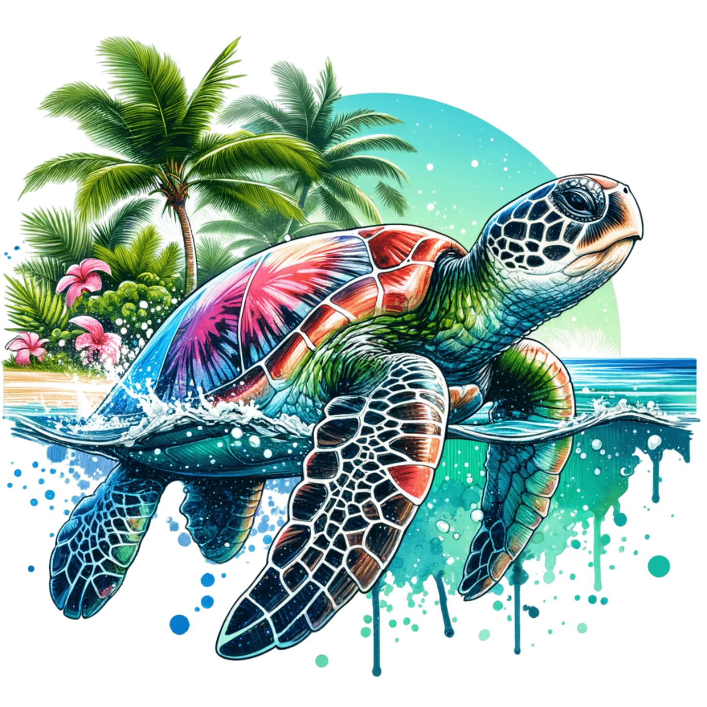 Bügelbild Wasserschildkröte mit Palmen Fylou's Style