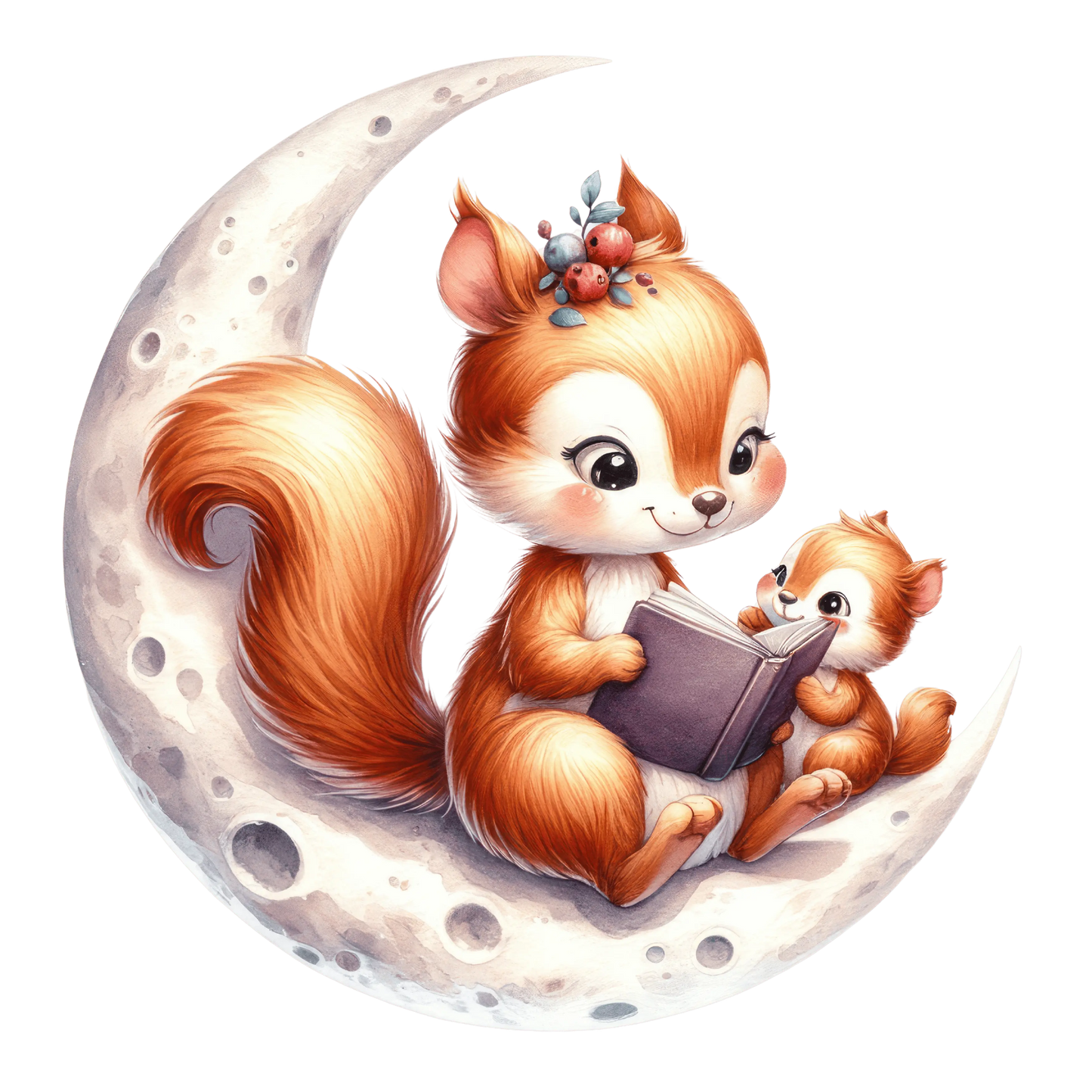 Bügelbild Mama und Baby Eichhörnchen liest auf dem Mond - Fylou's Style