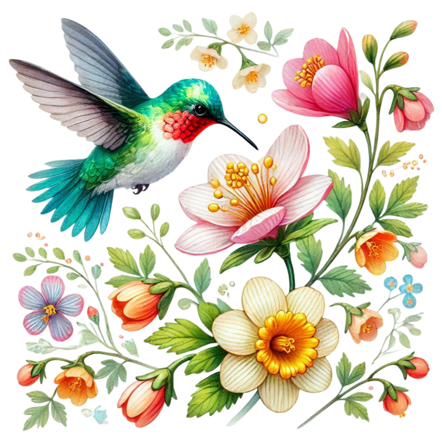 Bügelbild Blumen mit Kolibri #2 Fylou's Style