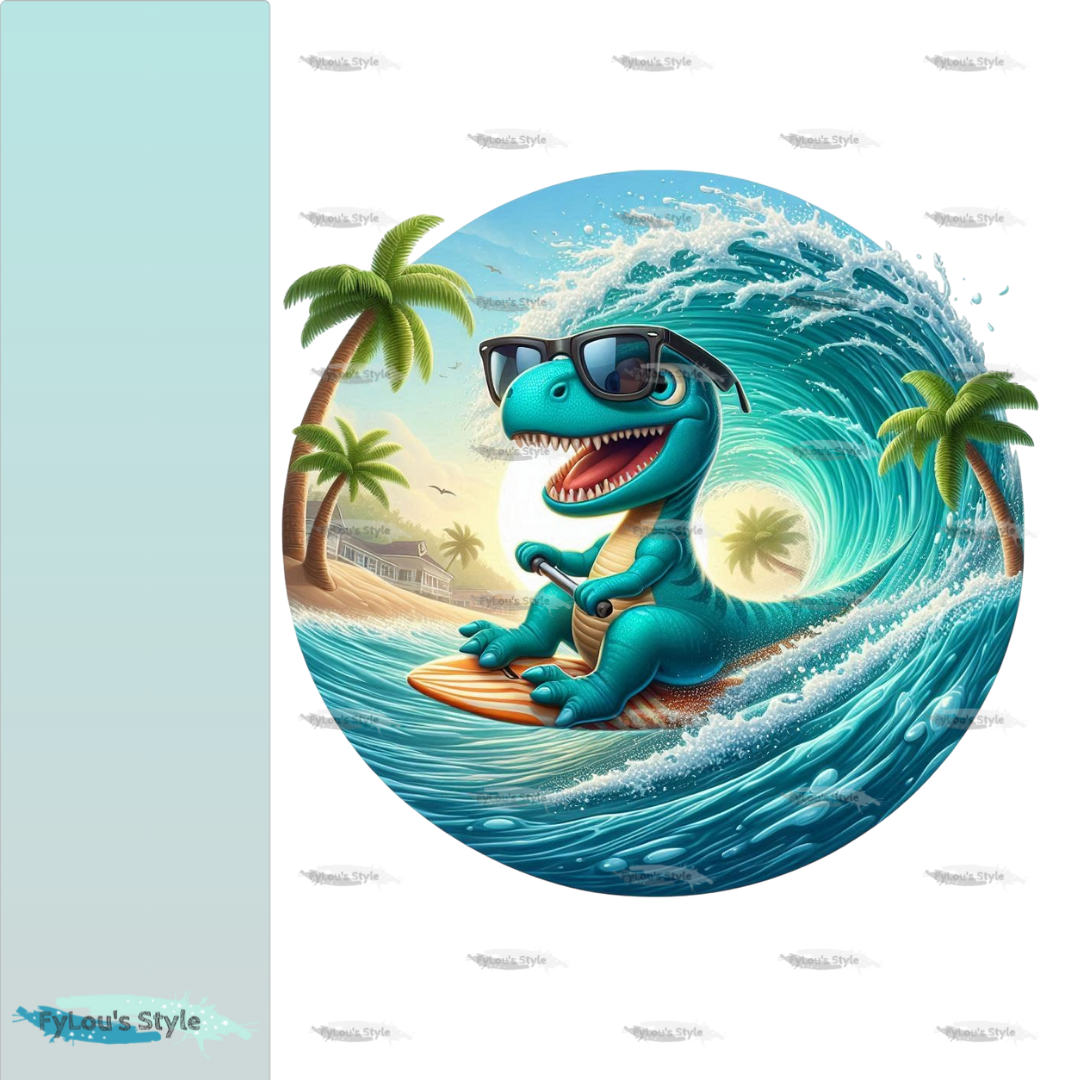 Bügelbild Dino auf Surfboard Fylou's Style