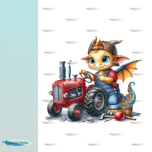 Bügelbild Drache schraubt am Traktor
