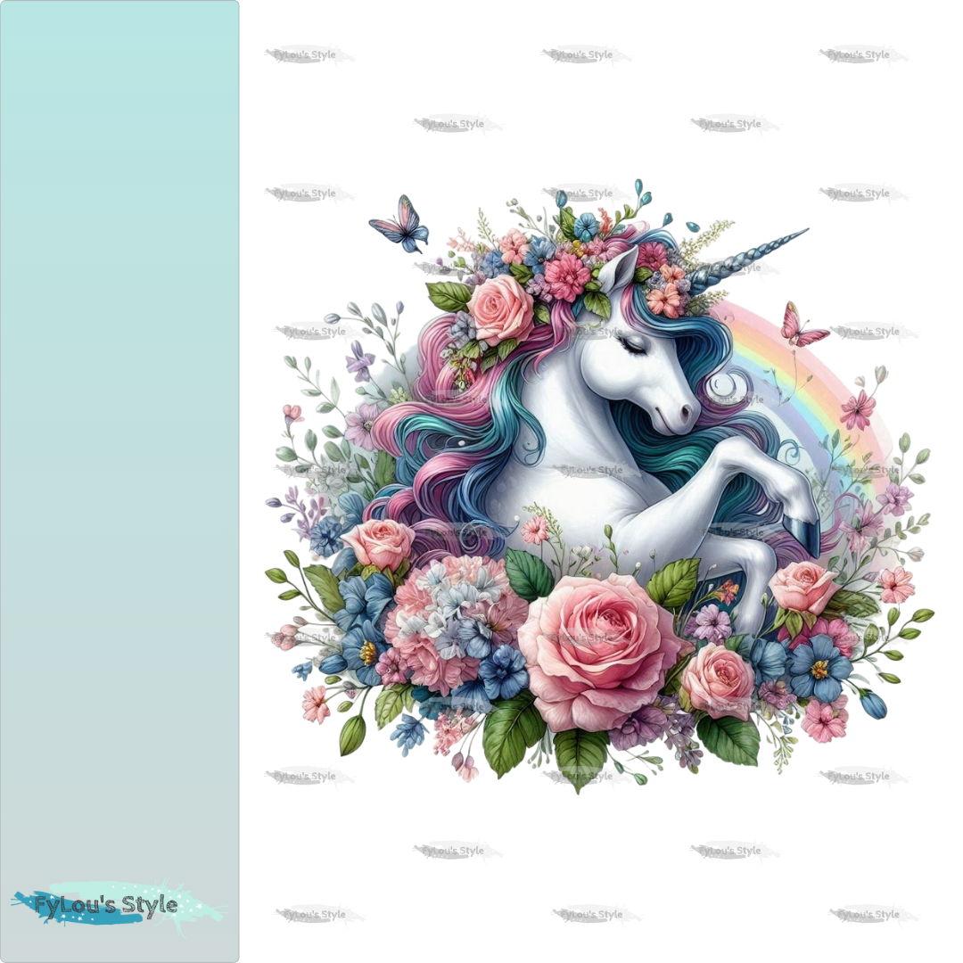 Bügelbild Einhorn Blumen mit Regenbogen Fylou's Style