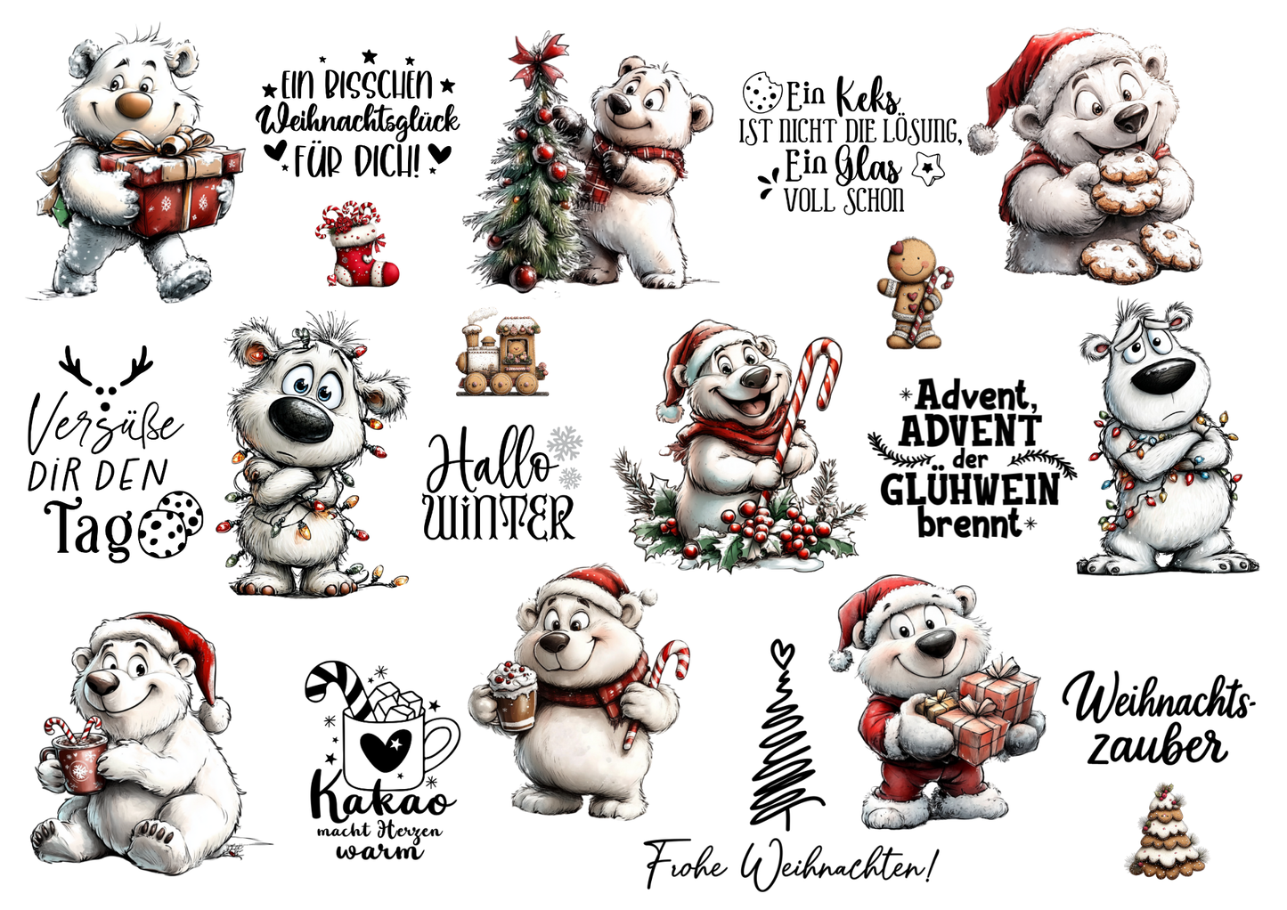 A4 Bogen Rub ON Sticker Eisbär Weihnacht, Winter, Sprüche, randlose Rubons