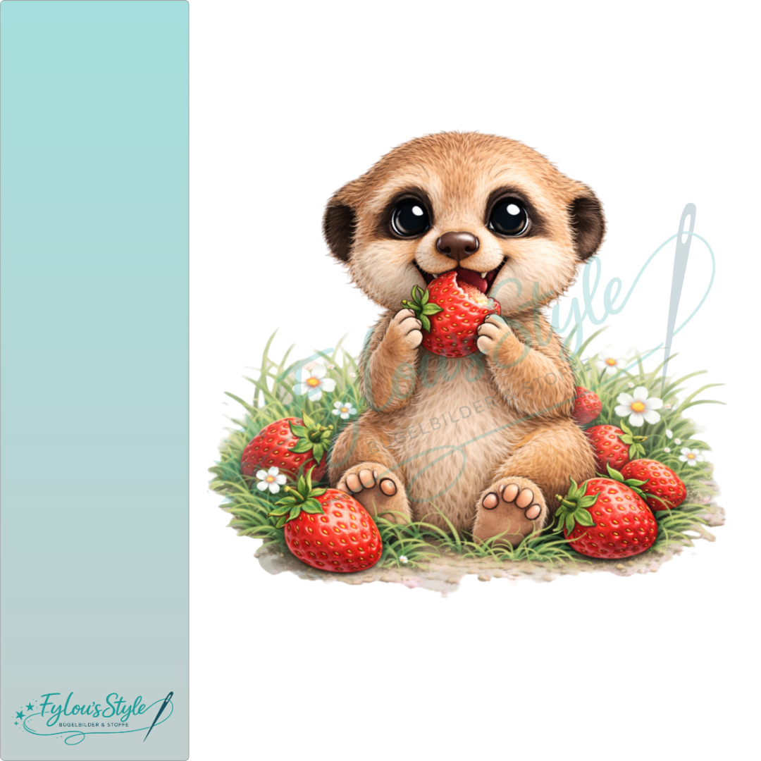 Bügelbild Erdmännchen mit Erdbeeren