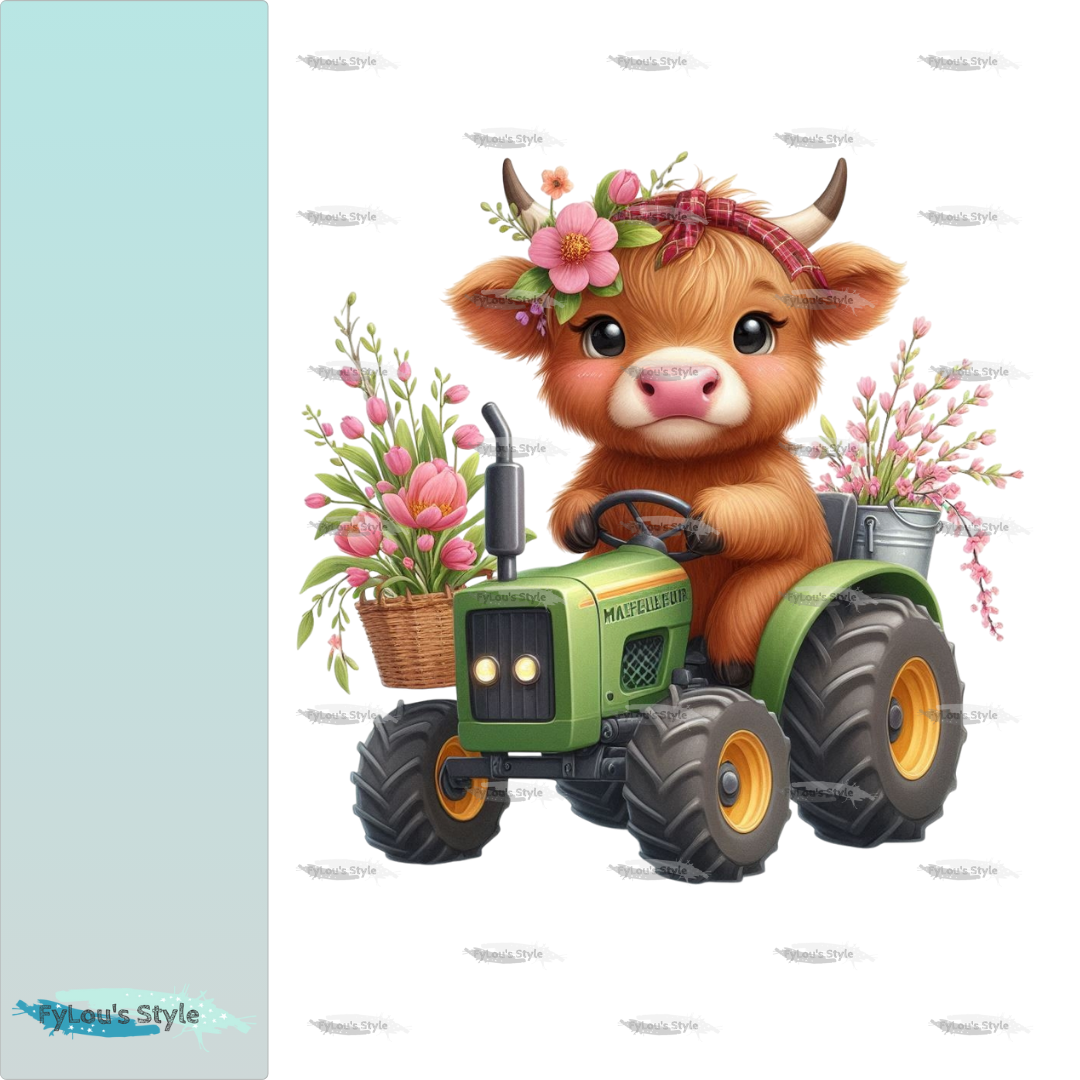 Bügelbild Highland Kuh Dame mit Traktor Fylou's Style