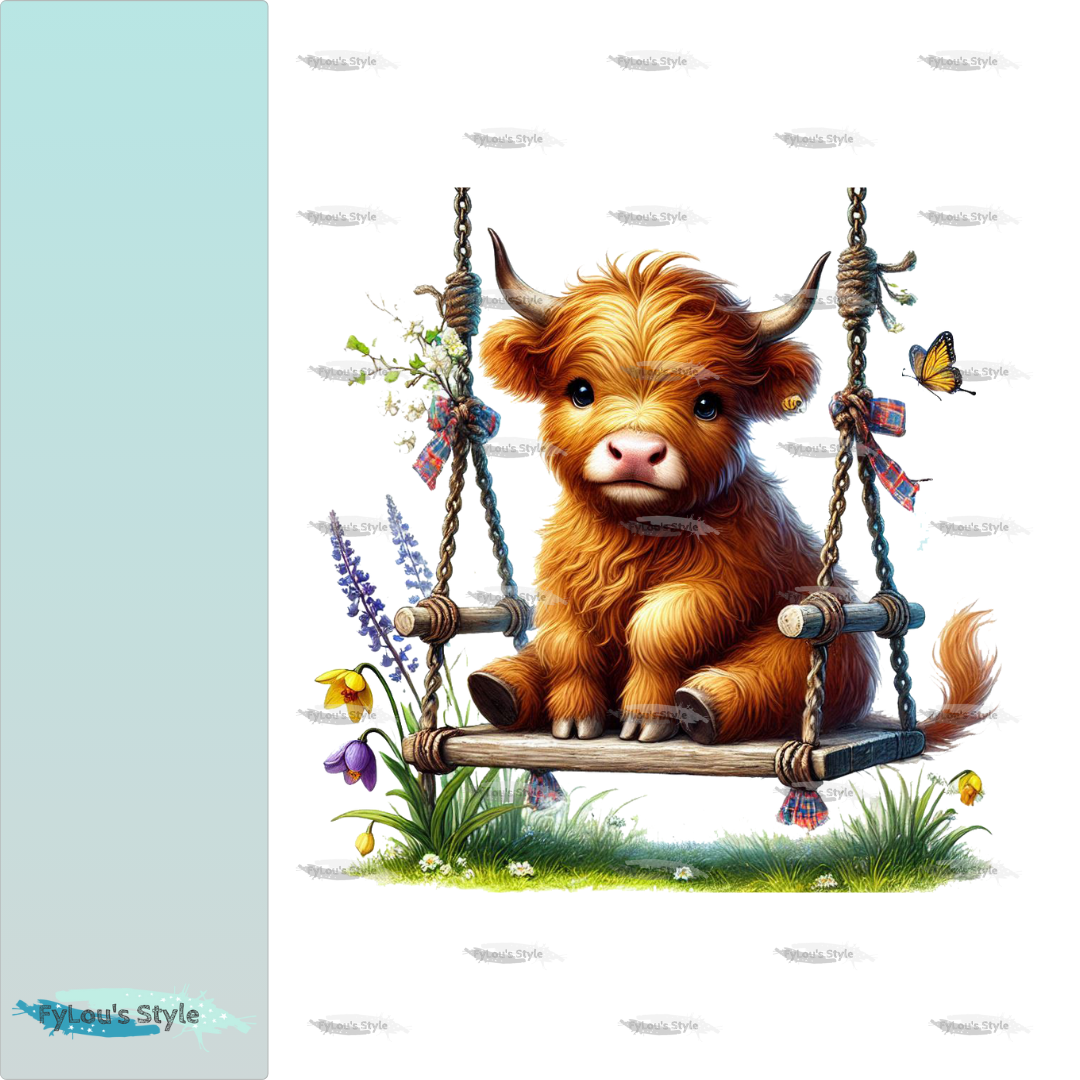 Bügelbild Highland Kuh auf Schaukel #1 Fylou's Style
