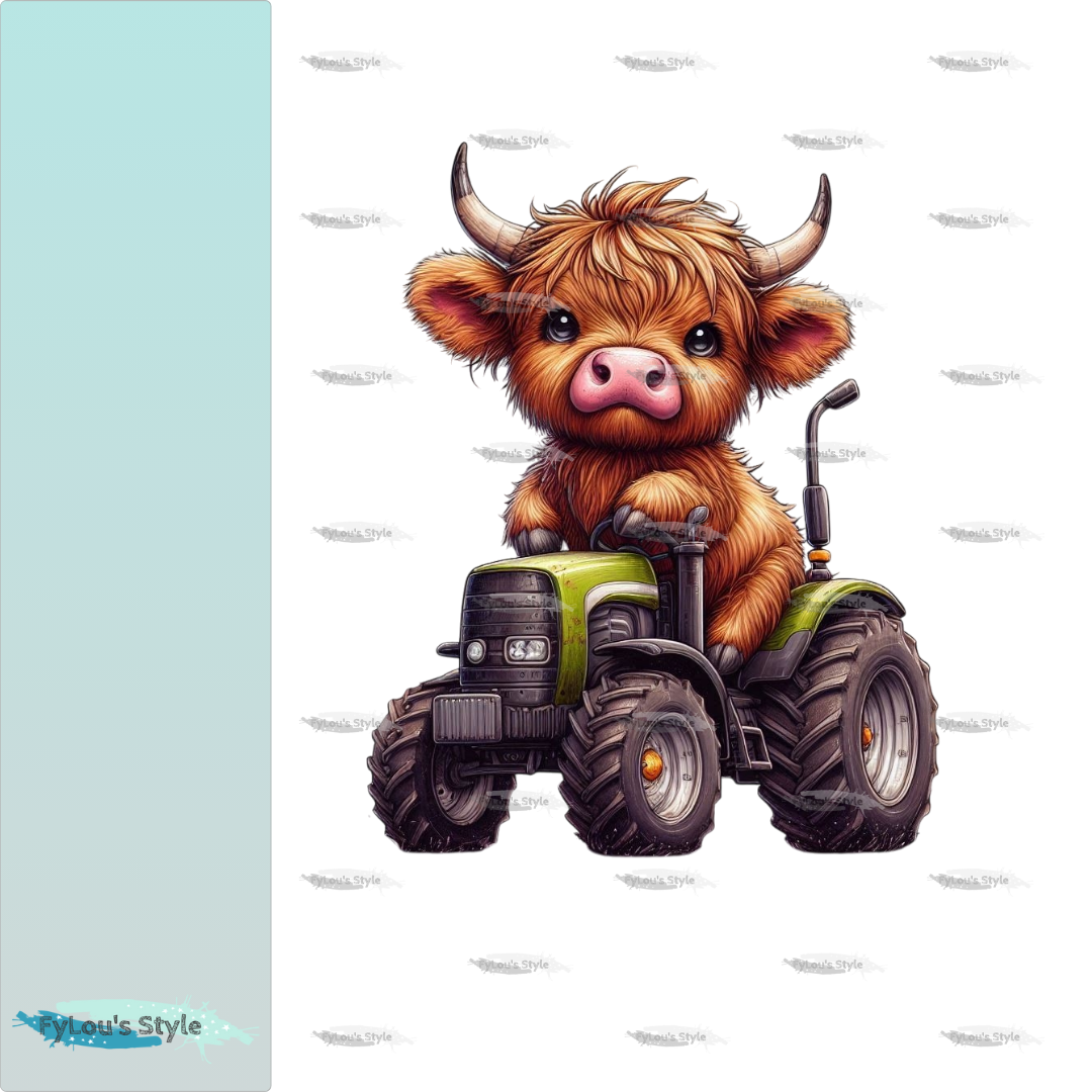 Bügelbild Highland Kuh mit Traktor Fylou's Style