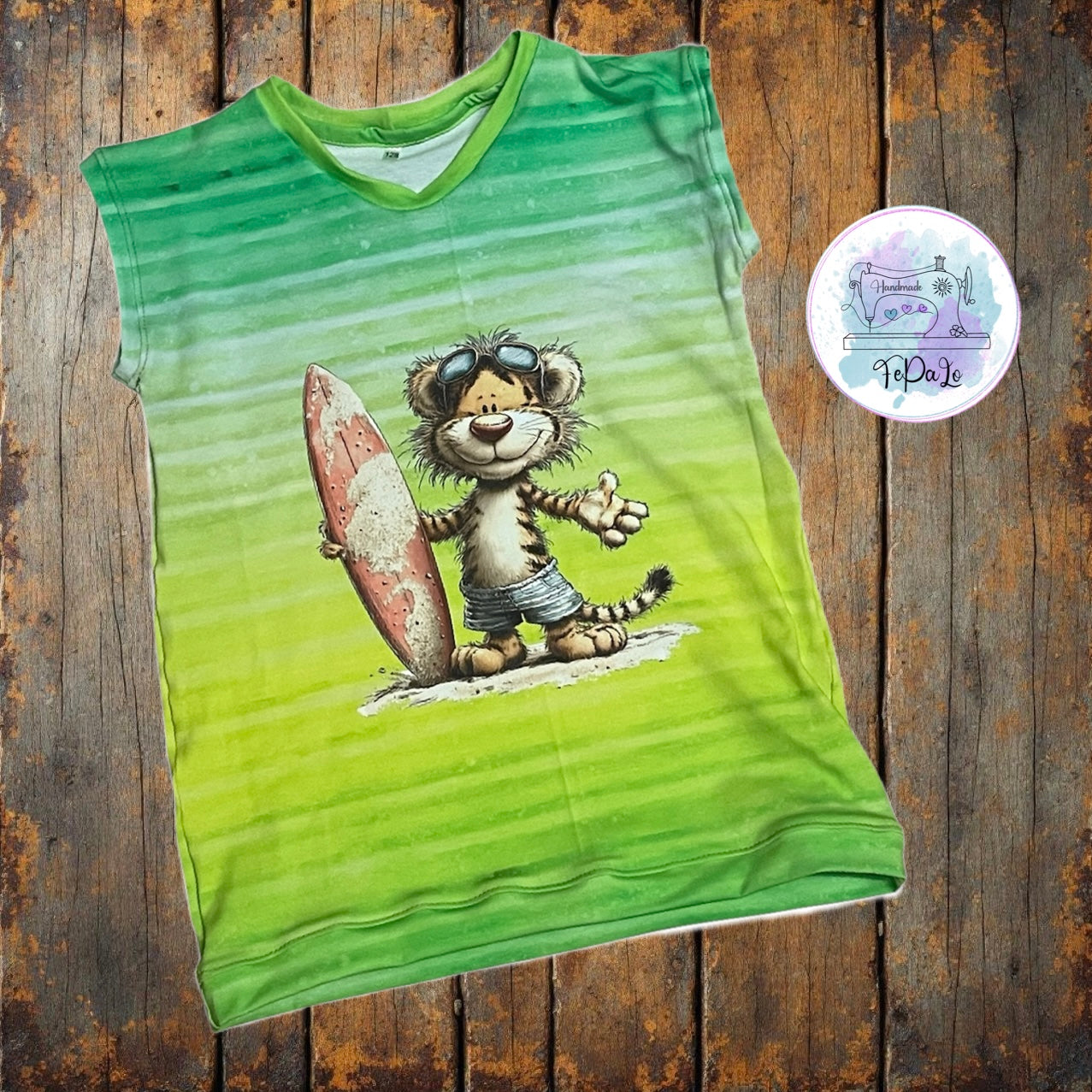 Bügelbild Tiger mit Surfboard