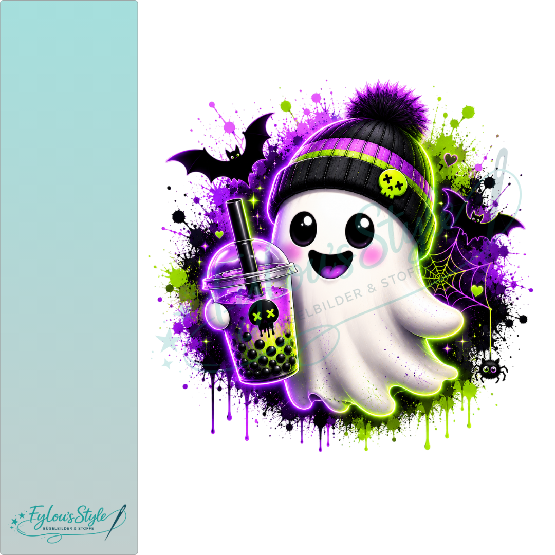 Bügelbild Kawai Geist mit Bubble Tea Lila Grün Neon