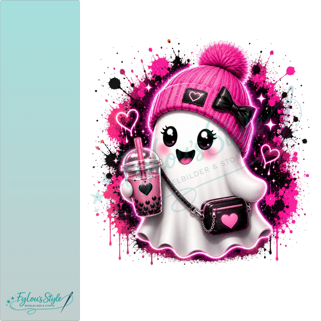 Bügelbild Kawai Geist mit Bubble Tea Pink