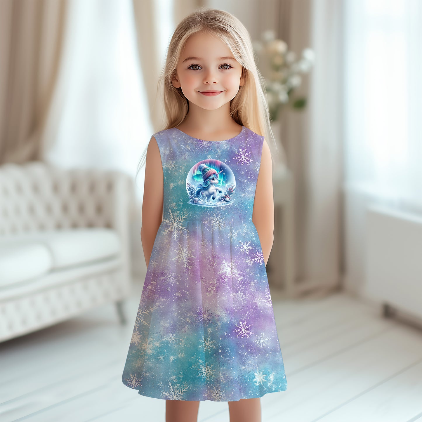 Mädchen trägt Kleid aus Eisflocken Rosa Stoff