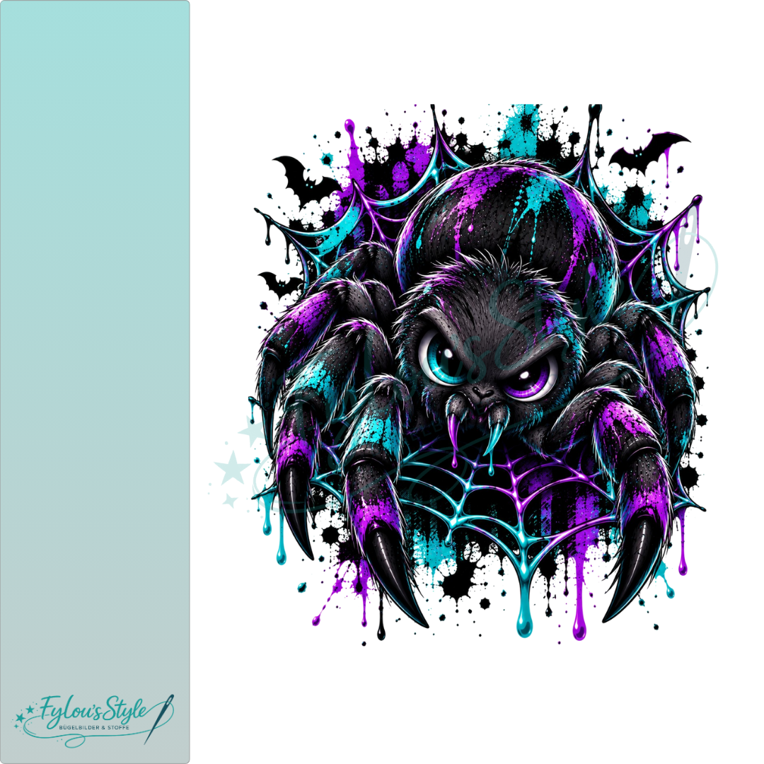 Bügelbild Neon Graffiti Spinne im Netz