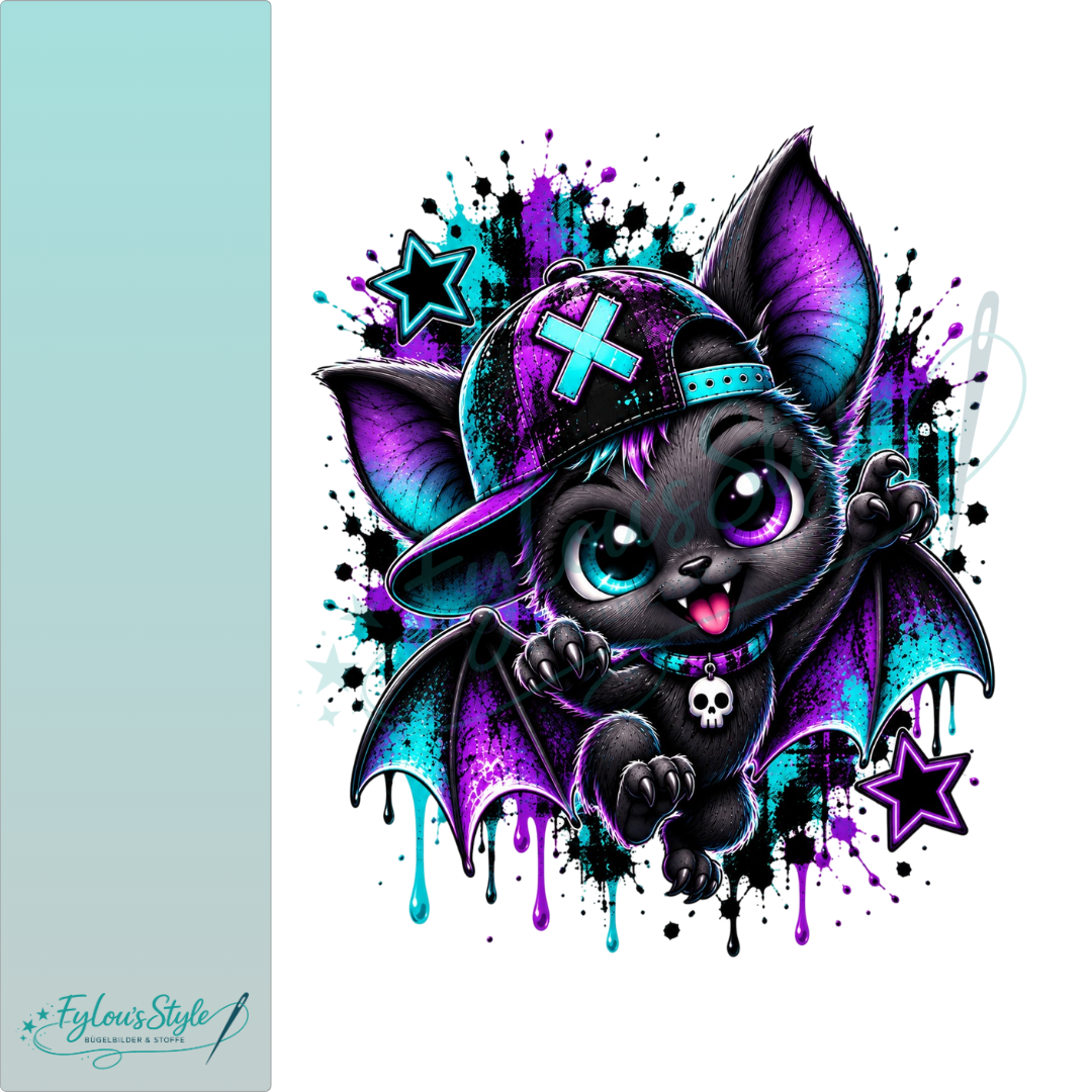 Bügelbild Neon Graffiti Fledermaus Lila Türkis