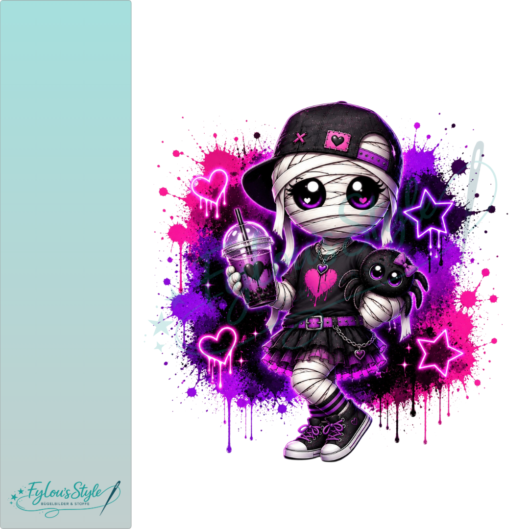 Bügelbild Niedliche Mumie im Gothik Style Lila Pink