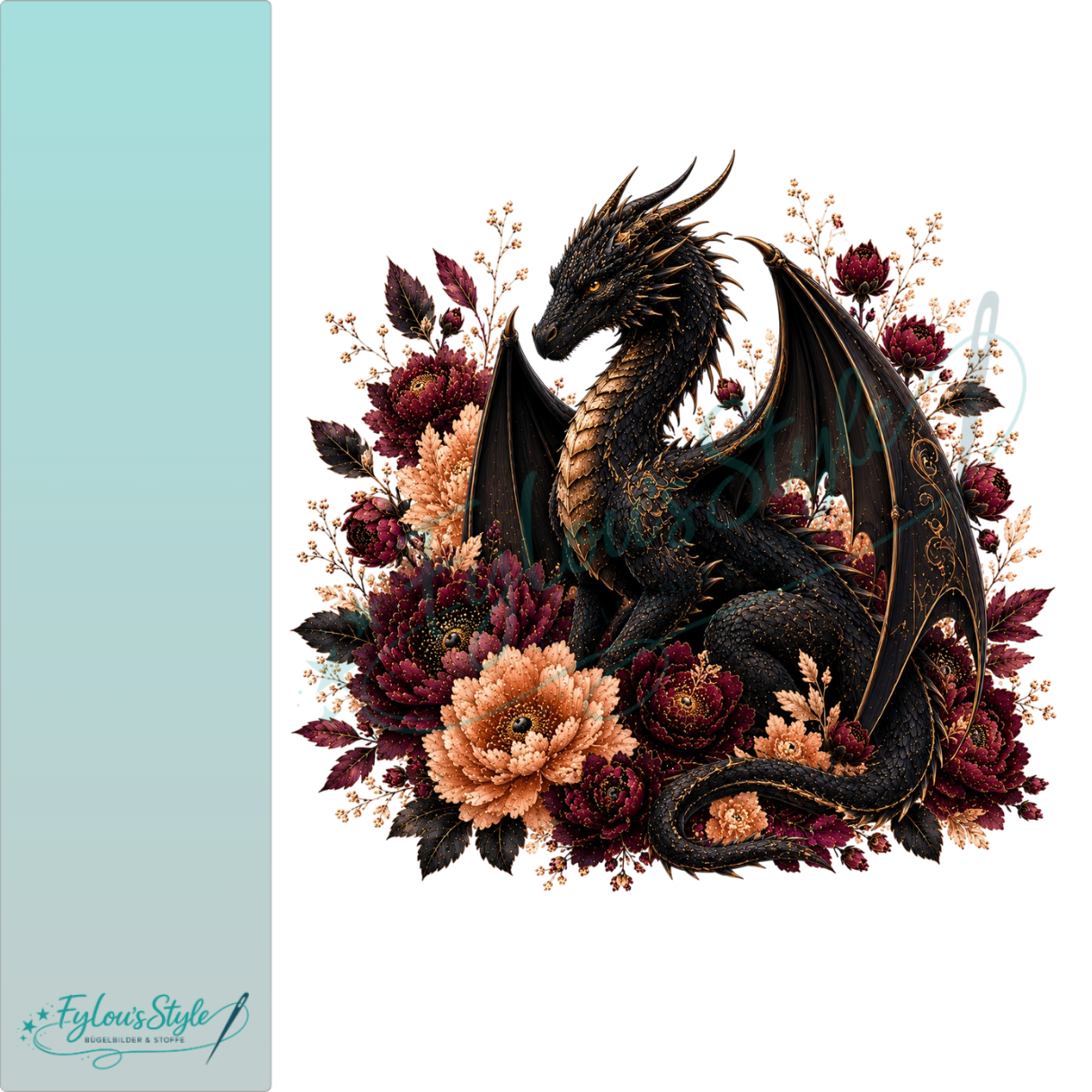Bügelbild Schwarzer Drache in Blütenharmonie