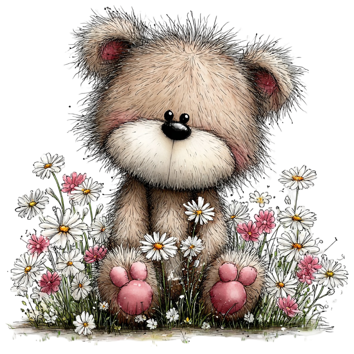 Bügelbild Teddy im Blumenmeer