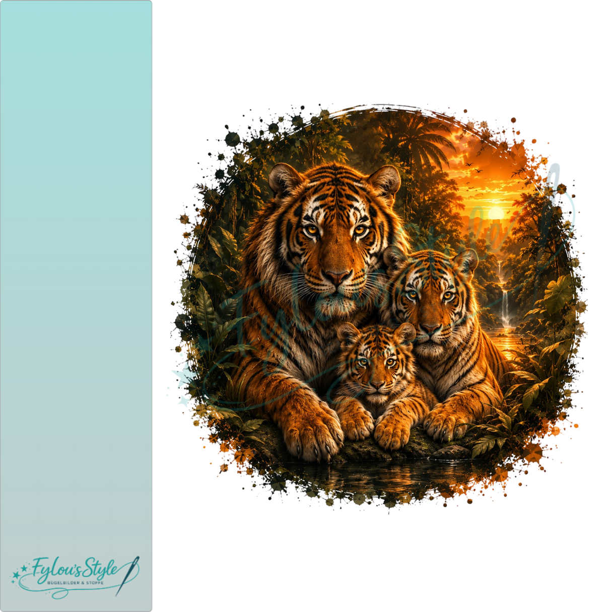 Bügelbild Tigerfamilie im tropischen Sonnenuntergang