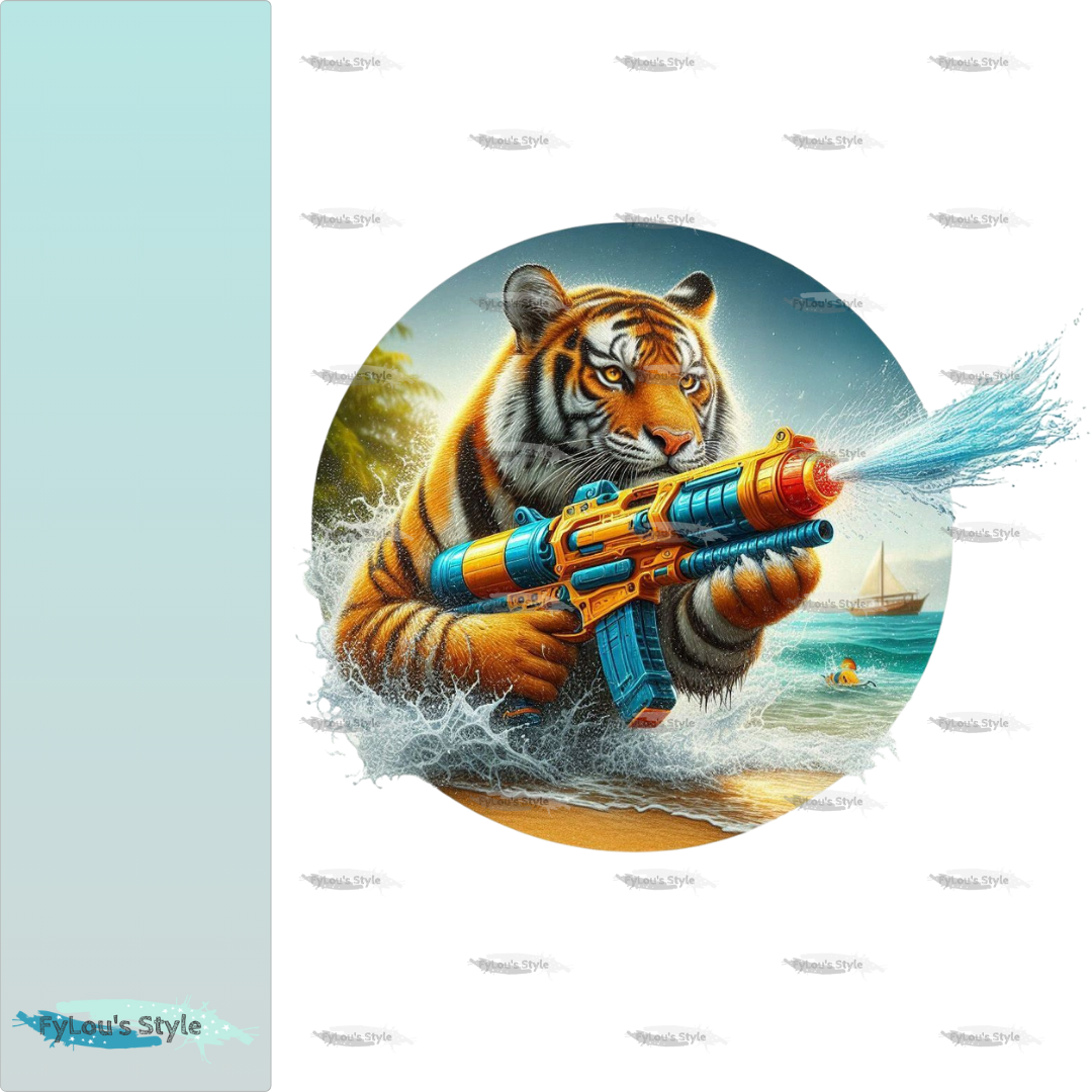 Bügelbild Tiger mit Wasserspritzpistole #1 Fylou's Style