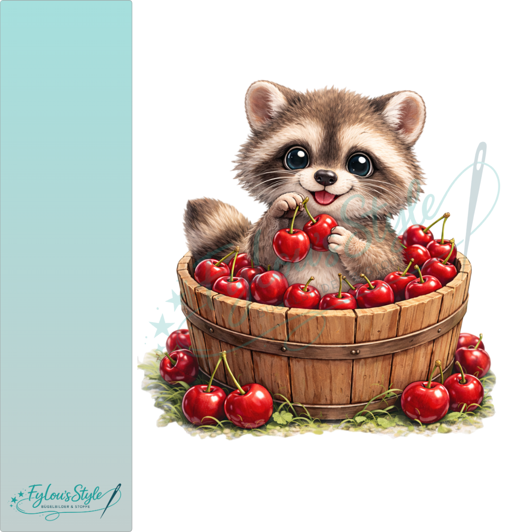 Bügelbild Waschbär mit Kirschen