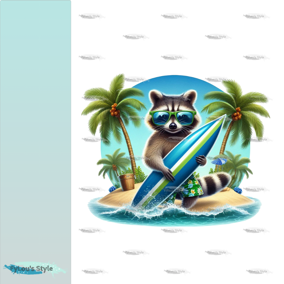 Bügelbild Waschbär mit Surfboard #1 Fylou's Style