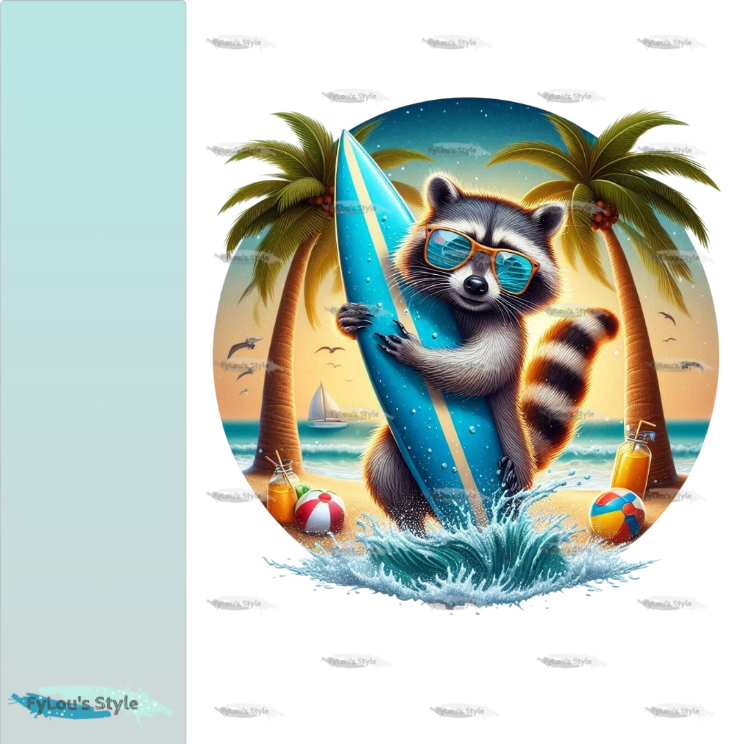 Bügelbild Waschbär mit Surfboard #2 Fylou's Style
