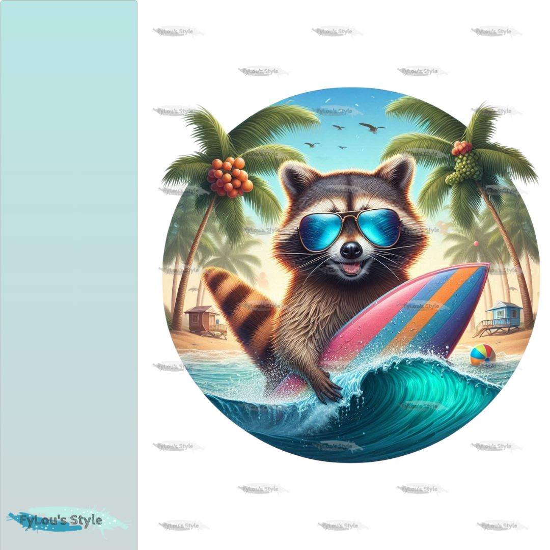 Bügelbild Waschbär mit Surfboard #4 Fylou's Style