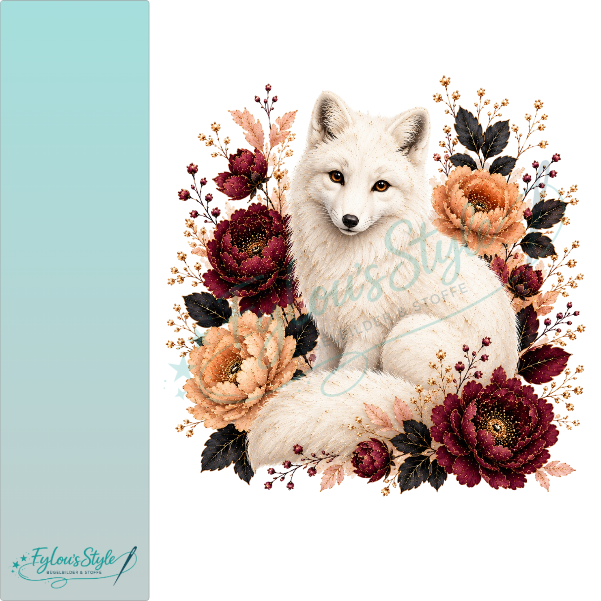 Bügelbild Weißer Fuchs in Blütenharmonie