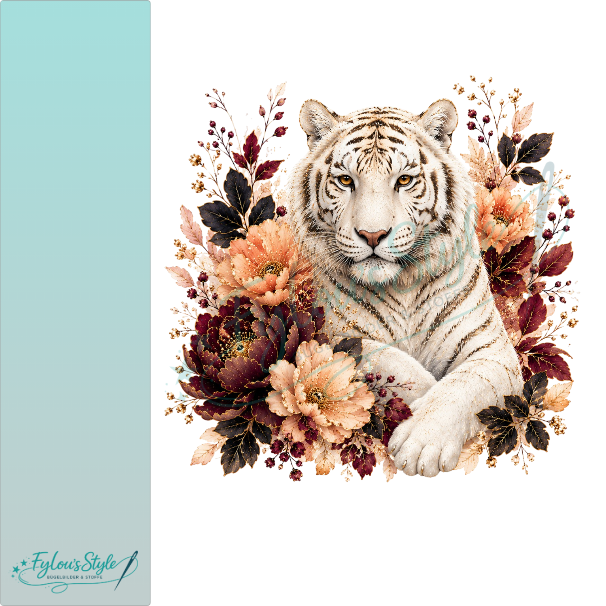 Bügelbild Weißer Tiger in Blütenharmonie