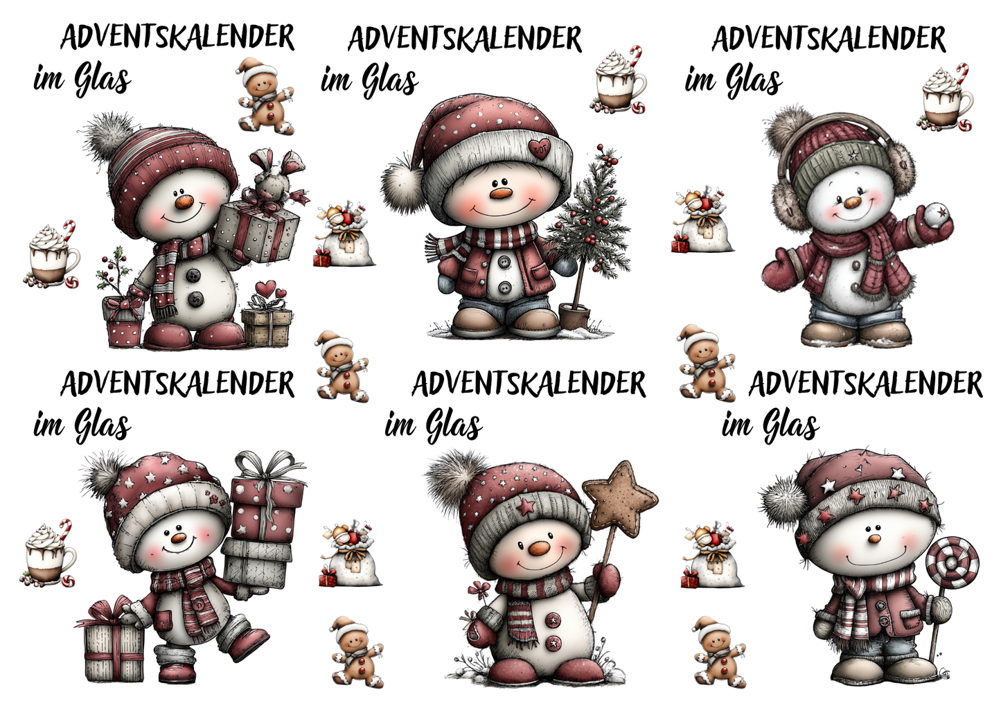 A4 Bogen Rub ON Sticker Adventskalender im Glas, Schneemann, randlose Rubons