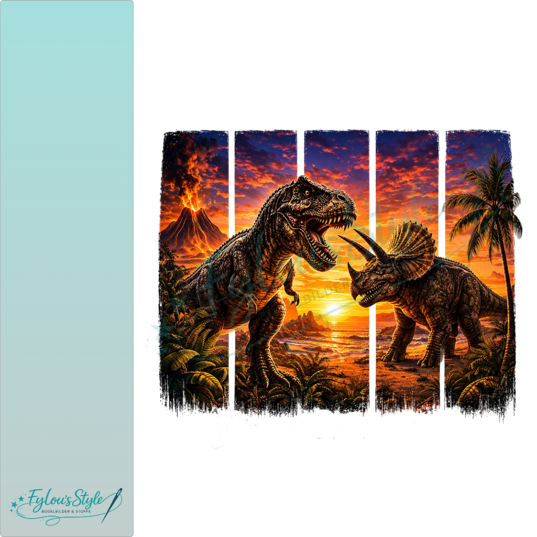 Bügelbild Streifen Motivwelt "Dinos im Sonnenuntergang"