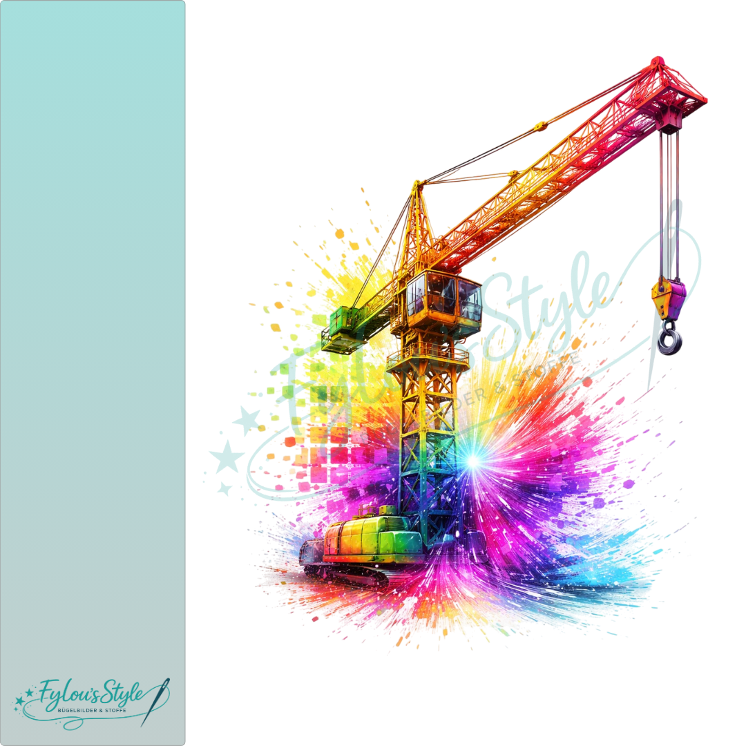 Bügelbild Pixel Splash Kran bunt