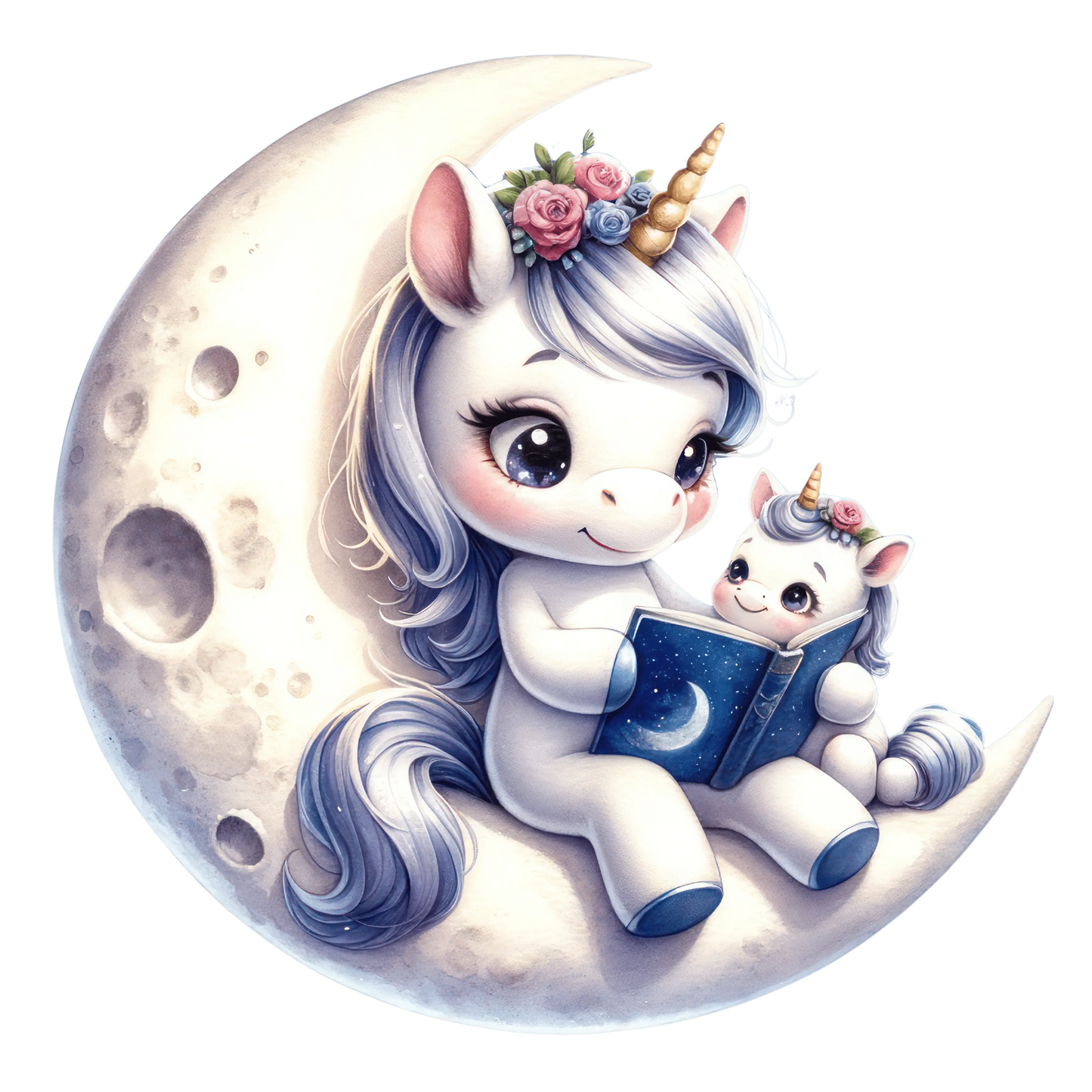 Bügelbild Mama und Baby Einhorn liest auf dem Mond - Fylou's Style