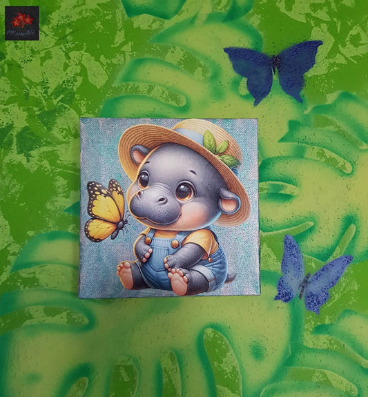 Bügelbild Nilpferd mit Schmetterling #2 Fylou's Style