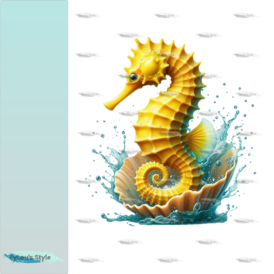 Bügelbild gelbes Seepferdchen in Muschel #1 Fylou's Style