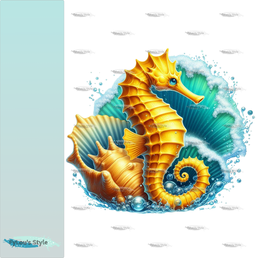 Bügelbild gelbes Seepferdchen in Muschel #2 Fylou's Style