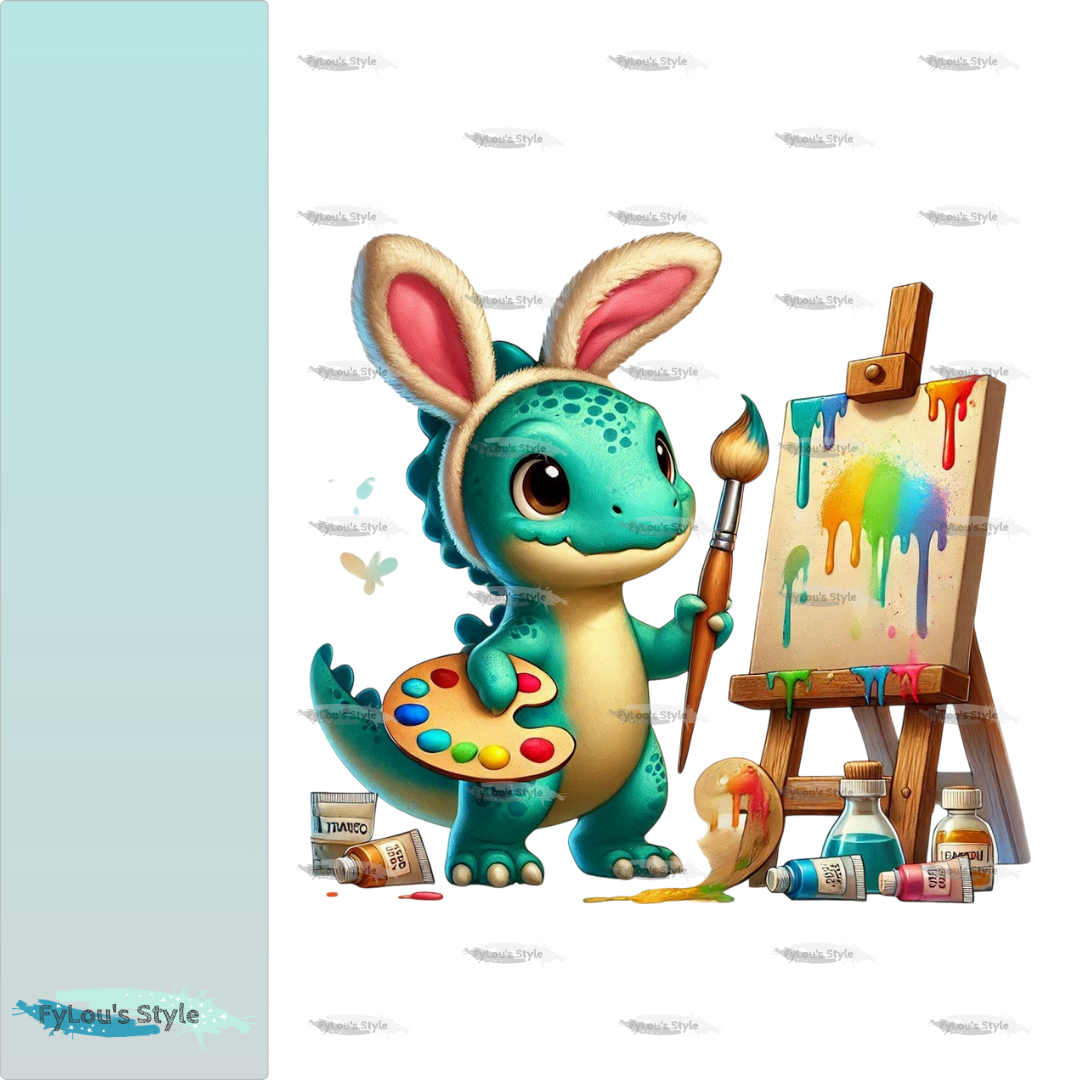 Bügelbild kleiner Dino mit Hasenohren malt #2 Fylou's Style