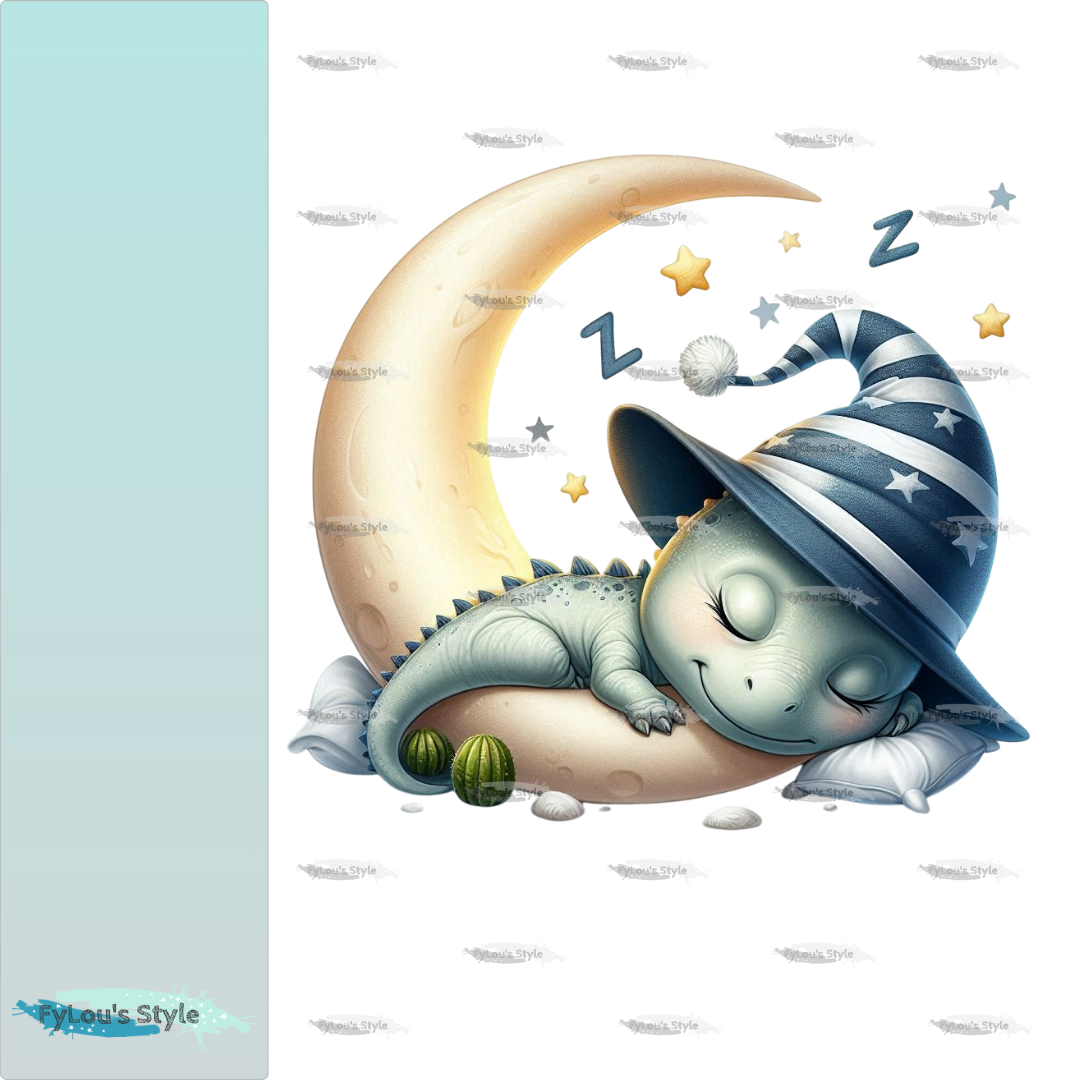Bügelbild kleiner Dino schlafend auf dem Mond #1 Fylou's Style