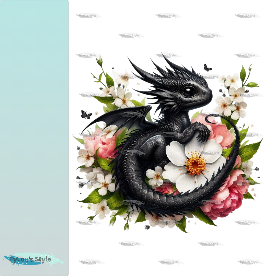 Bügelbild kleiner Drache in Blumenblüte Fylou's Style