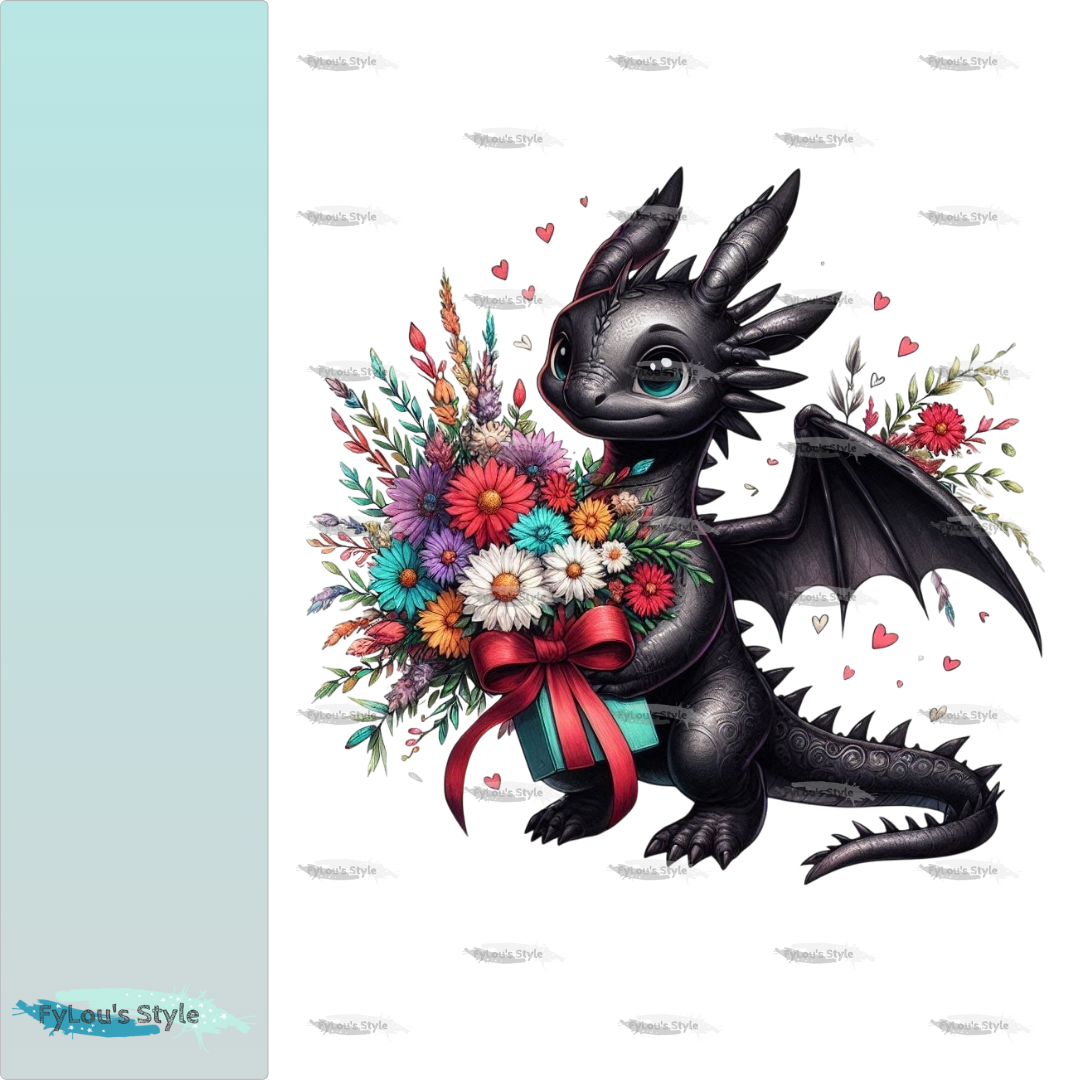 Bügelbild kleiner Drache mit Blumenstrauß #1 Fylou's Style