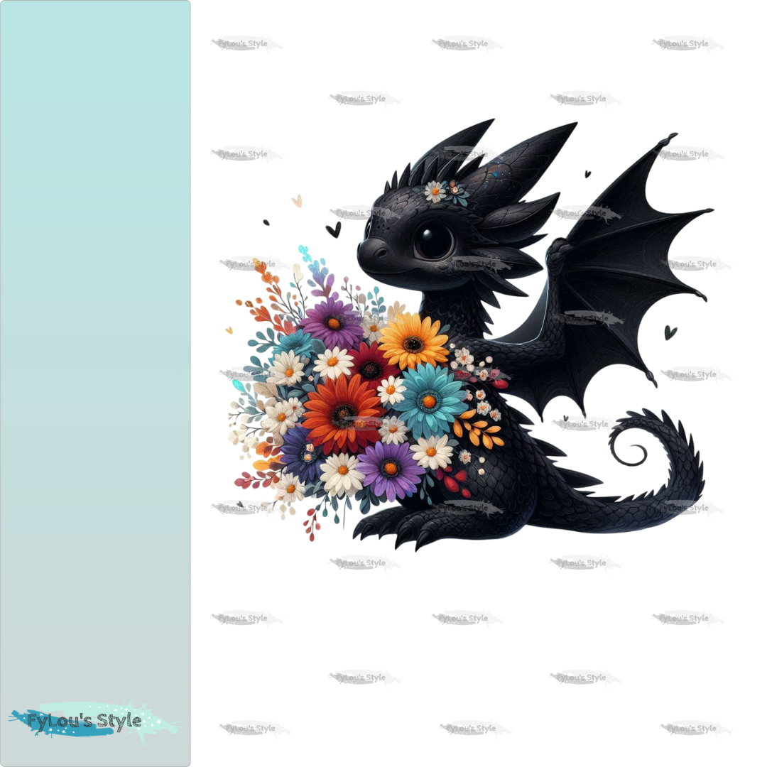 Bügelbild kleiner Drache mit Blumenstrauß #2 Fylou's Style