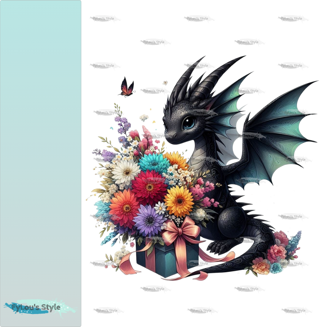 Bügelbild kleiner Drache mit Blumenstrauß #3 Fylou's Style