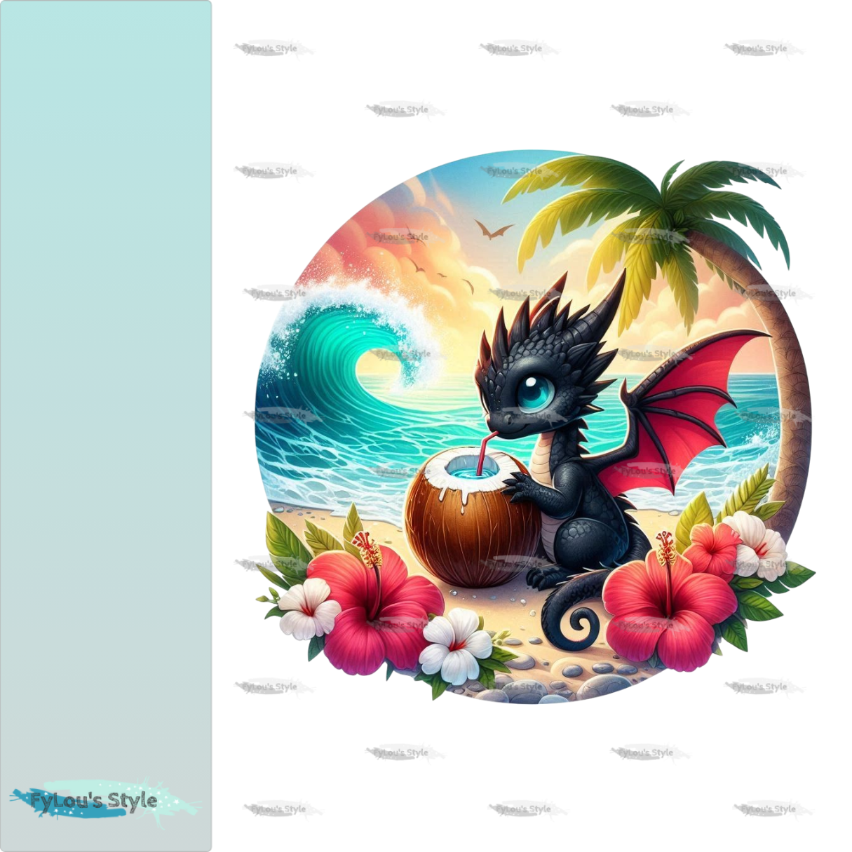 Bügelbild kleiner Schwarzer Drache am Strand mit Kokosnuss #1 Fylou's Style