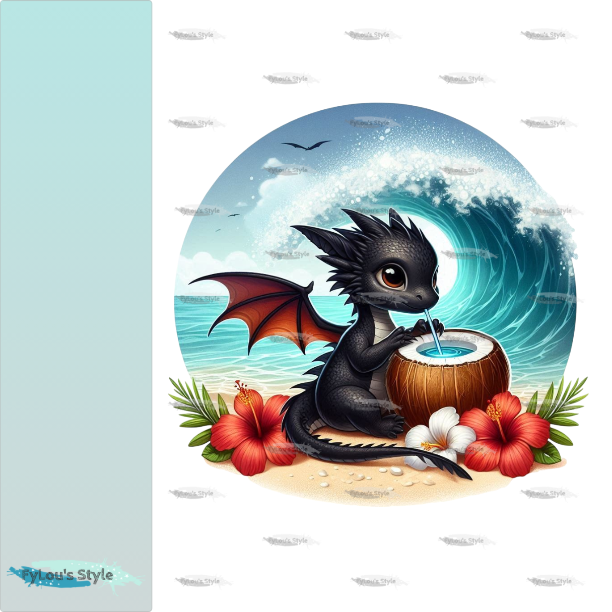 Bügelbild kleiner Schwarzer Drache am Strand mit Kokosnuss #2 Fylou's Style