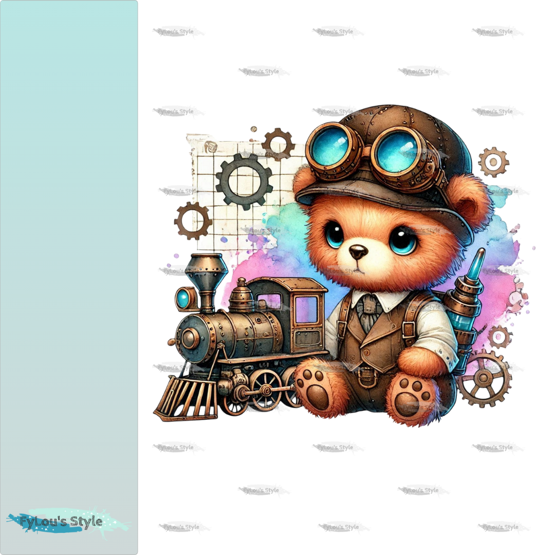 Bügelbild kleiner Steampunk Bär mit Eisenbahn Fylou's Style