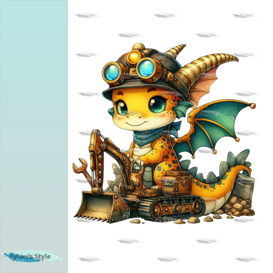 Bügelbild kleiner Steampunk Drache mit Bagger #2 Fylou's Style