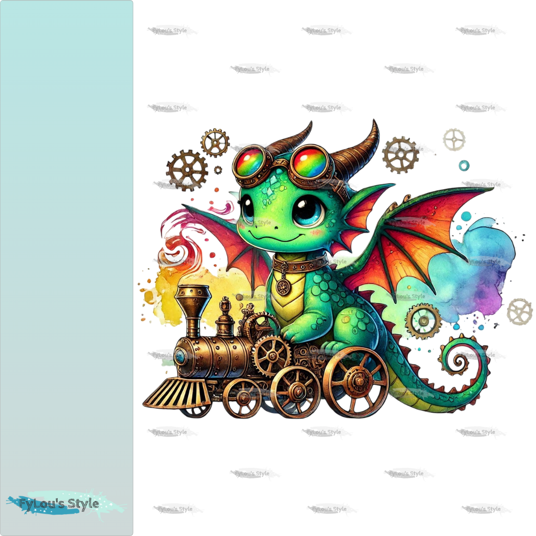 Bügelbild kleiner Steampunk Drache mit Eisenbahn #1 Fylou's Style