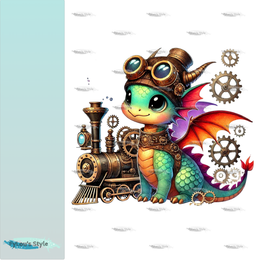 Bügelbild kleiner Steampunk Drache mit Eisenbahn #2 Fylou's Style